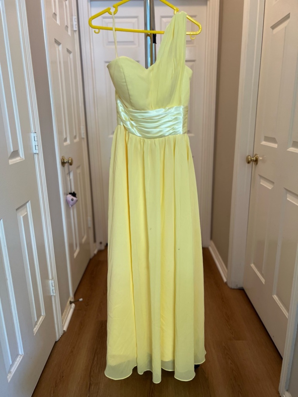 One-Shoulder Yellow Satin Evening Gown (Prom, Graduation, Wedding Guest)